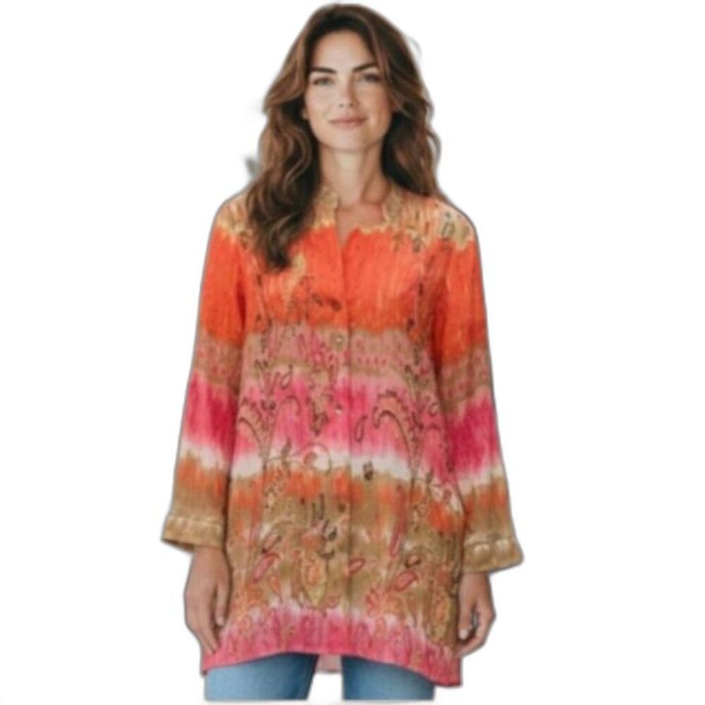 Laura Ashley Women's NWOT Pink Tan Tie Dye Silk Embellished LS Tunic Shirt Sz XL